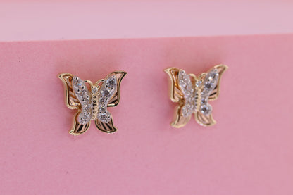 14k Solid Gold Two Tone Color Butterfly Push Back Stud Earrings D