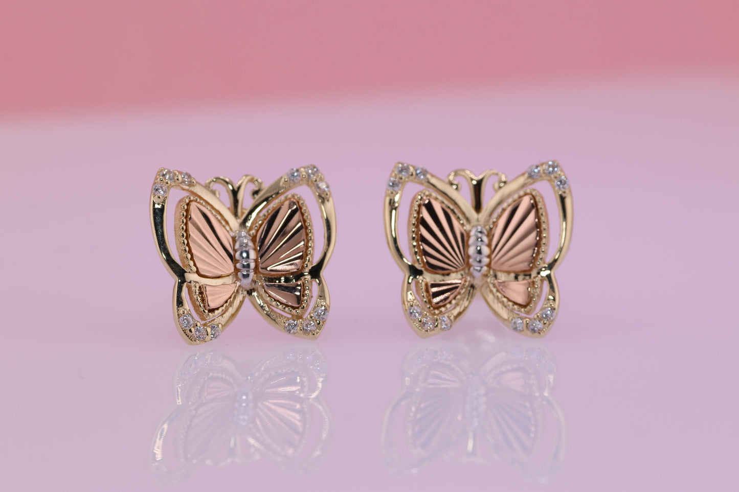 14k Solid Gold Two Tone Color Butterfly Push Back Stud Earrings C