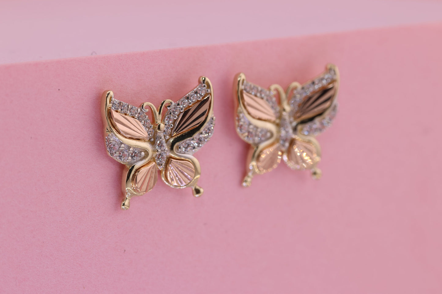 14k Solid Gold Two Tone Color Butterfly Push Back Stud Earrings B