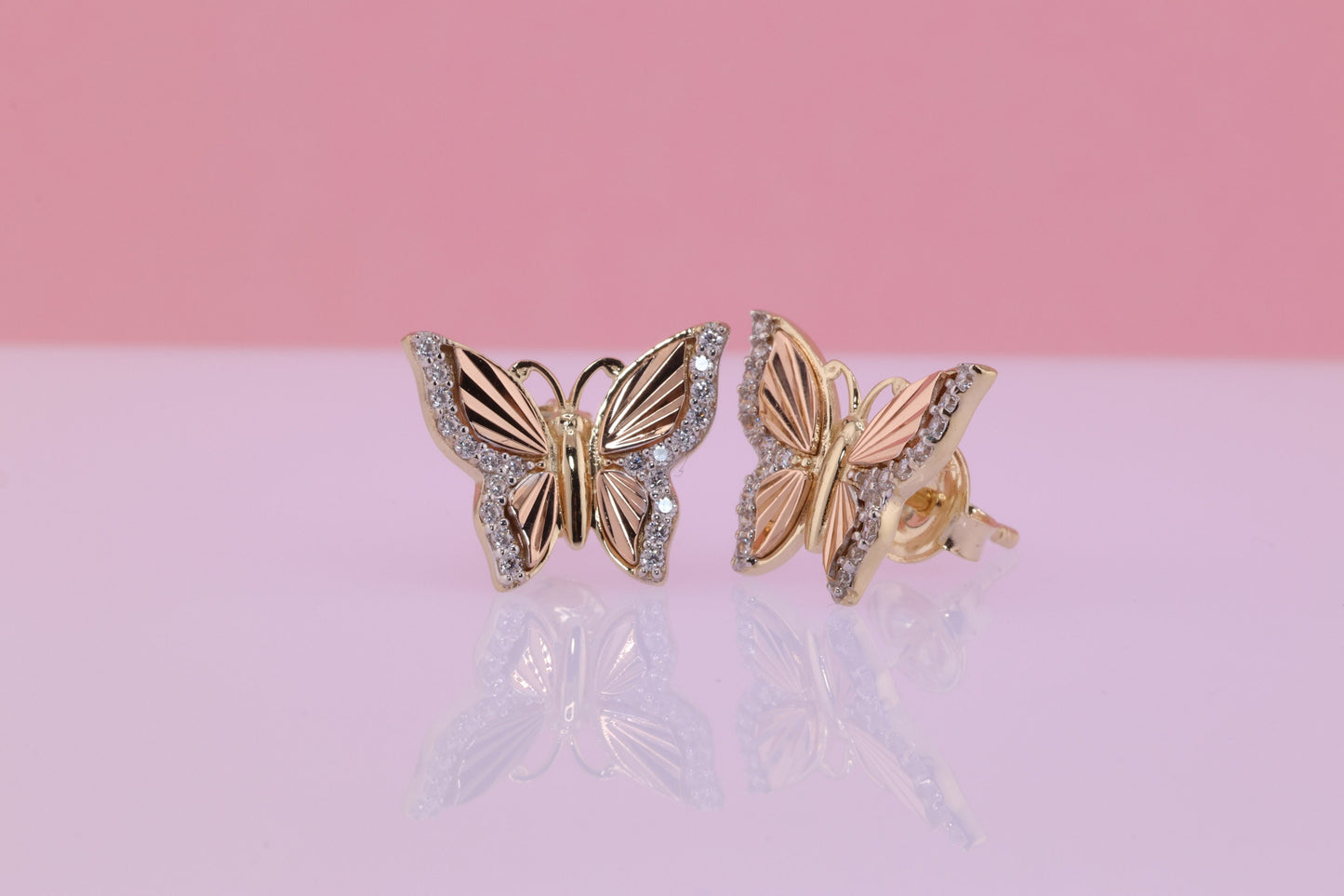 14k Solid Gold Two Tone Color Butterfly Push Back Stud Earrings A