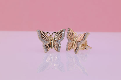 14k Solid Gold Two Tone Color Butterfly Push Back Stud Earrings A