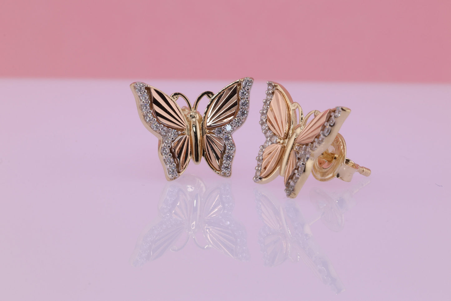 14k Solid Gold Two Tone Color Butterfly Push Back Stud Earrings A