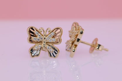 14k Solid Gold Two Tone Color Butterfly Push Back Stud Earrings F