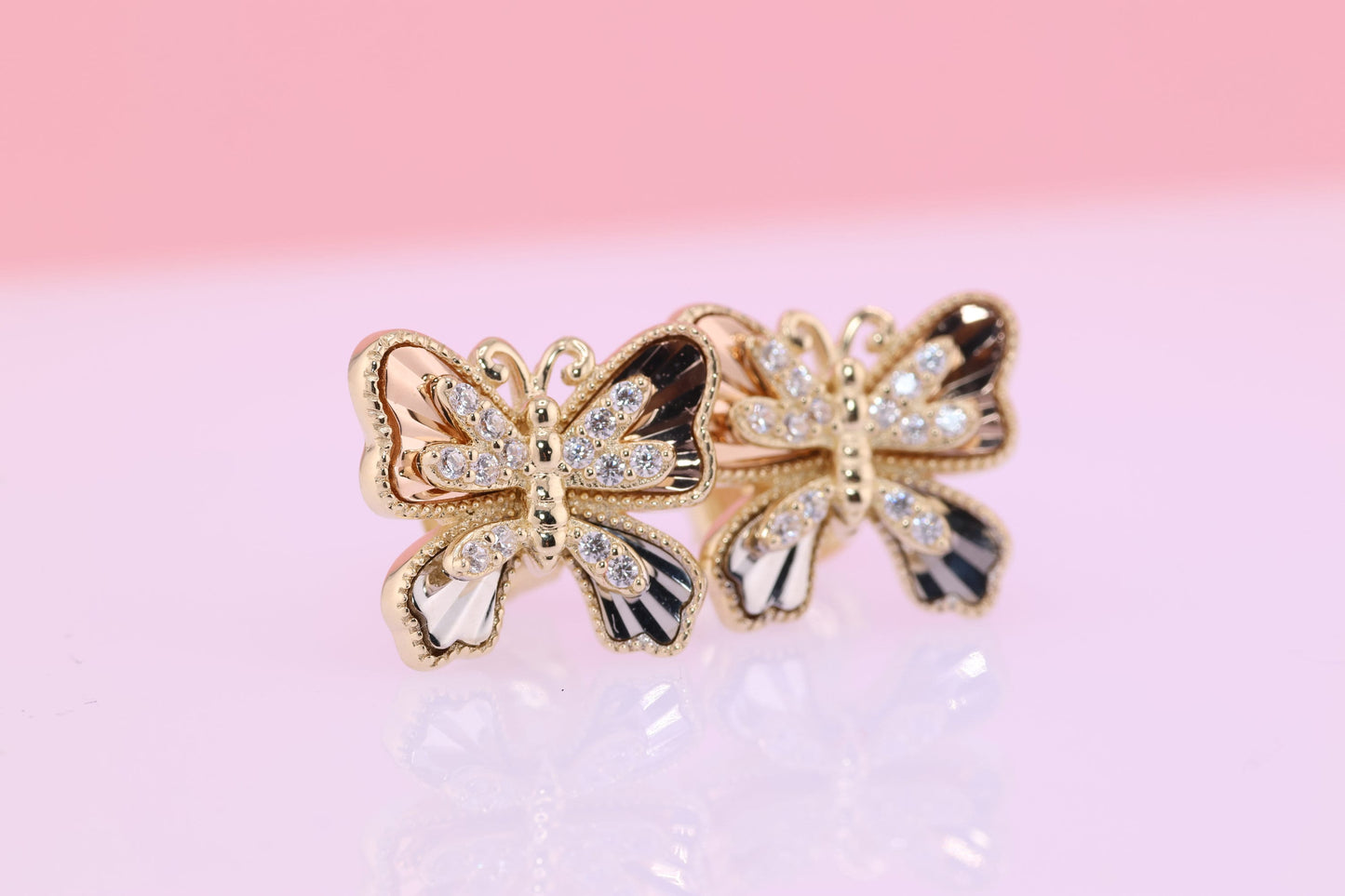 14k Solid Gold Two Tone Color Butterfly Push Back Stud Earrings F