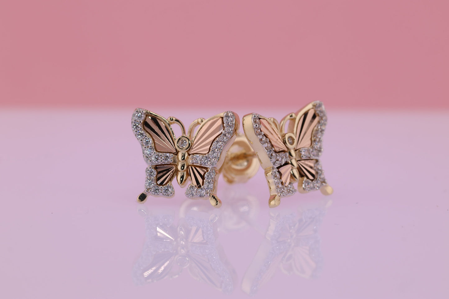 14k Solid Gold Two Tone Color Butterfly Push Back Stud  Earrings E