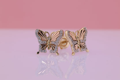 14k Solid Gold Two Tone Color Butterfly Push Back Stud  Earrings E