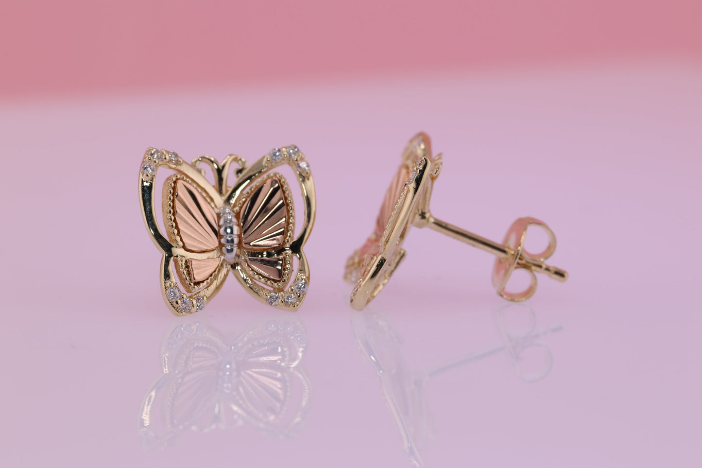 14k Solid Gold Two Tone Color Butterfly Push Back Stud Earrings C