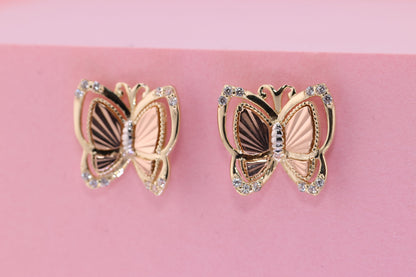 14k Solid Gold Two Tone Color Butterfly Push Back Stud Earrings C