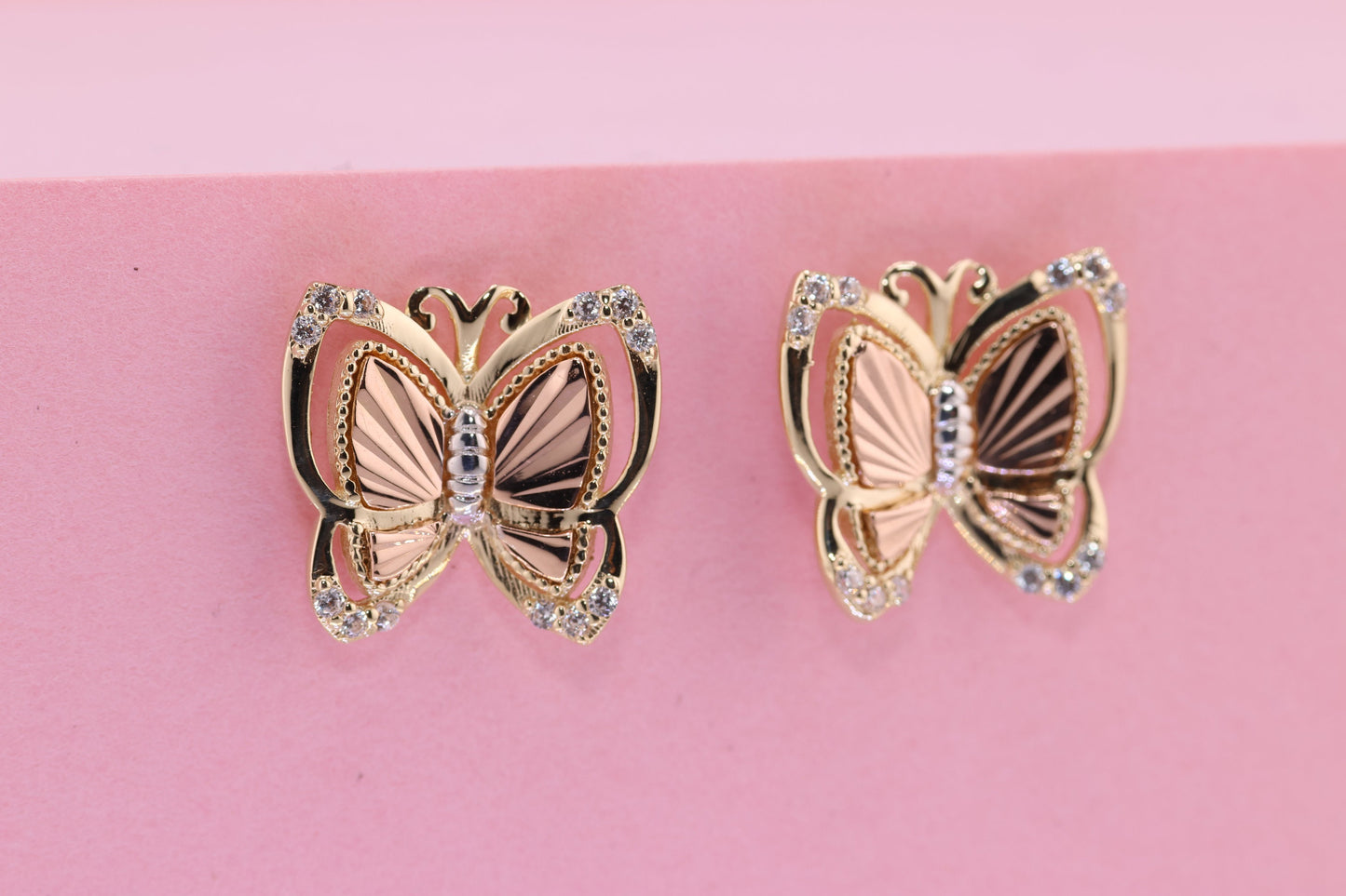 14k Solid Gold Two Tone Color Butterfly Push Back Stud Earrings C