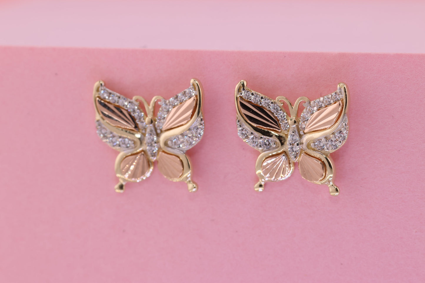 14k Solid Gold Two Tone Color Butterfly Push Back Stud Earrings B