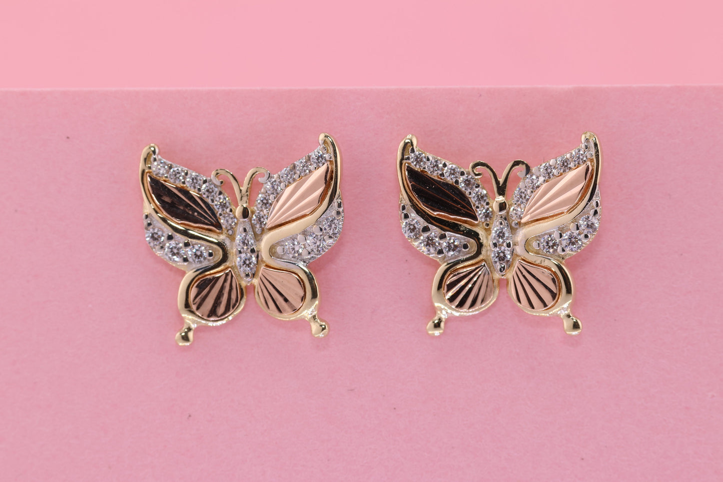 14k Solid Gold Two Tone Color Butterfly Push Back Stud Earrings B