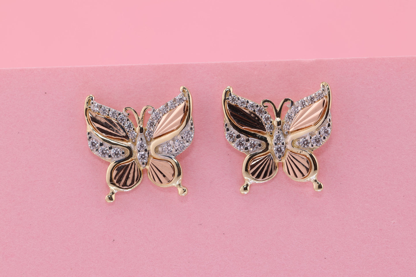 14k Solid Gold Two Tone Color Butterfly Push Back Stud Earrings B