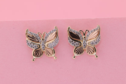 14k Solid Gold Two Tone Color Butterfly Push Back Stud Earrings B