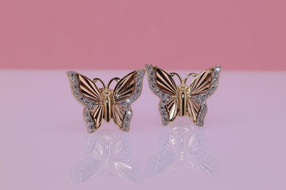 14k Solid Gold Two Tone Color Butterfly Push Back Stud Earrings A