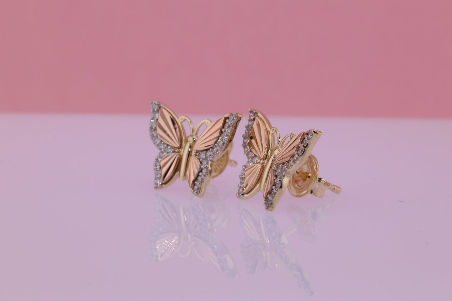 14k Solid Gold Two Tone Color Butterfly Push Back Stud Earrings A