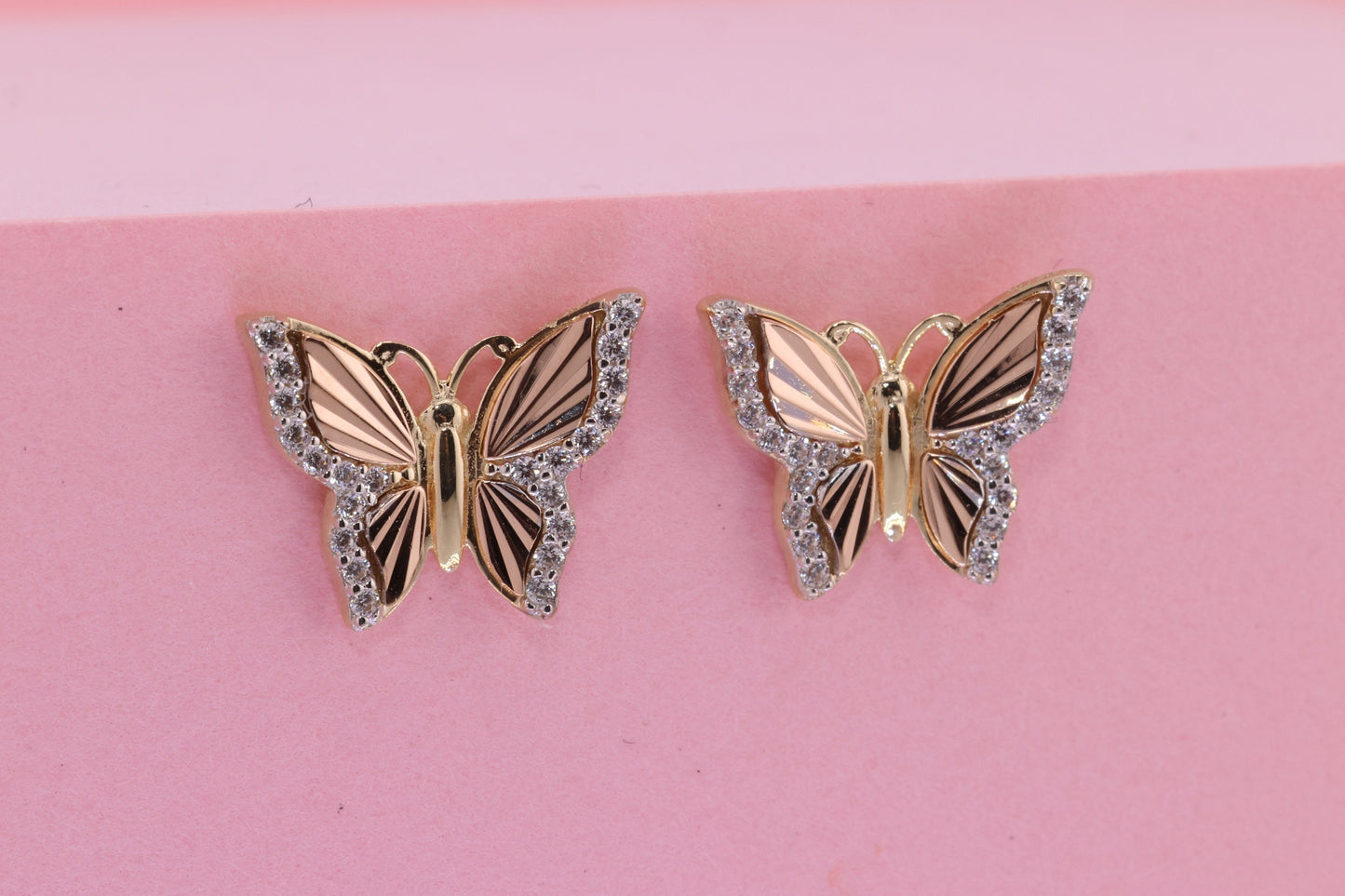 14k Solid Gold Two Tone Color Butterfly Push Back Stud Earrings A